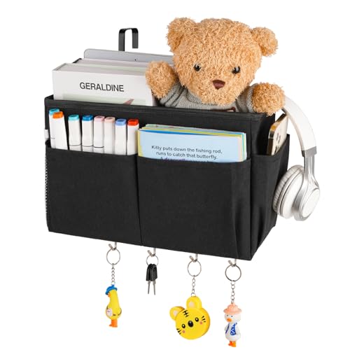 Bedside Caddy Organizer 5 Pockets and 4 Hooks for Bunk Bed Black