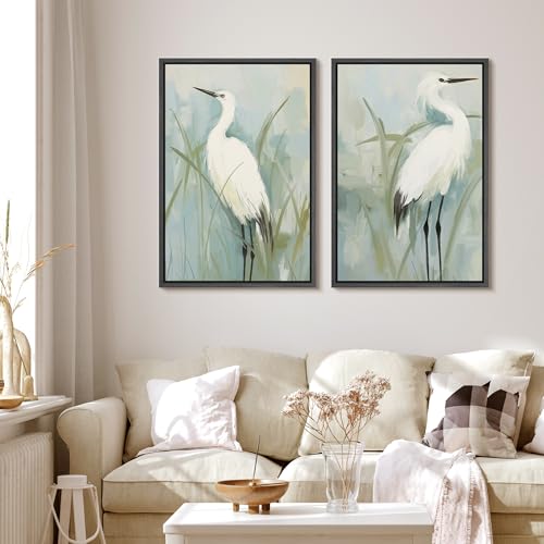 Framed Canvas Print Wall Art White Heron Pair in Marsh Coastal Illustrations Modern Art Decorative Bohemian Colorful for Living Room (2 Count)