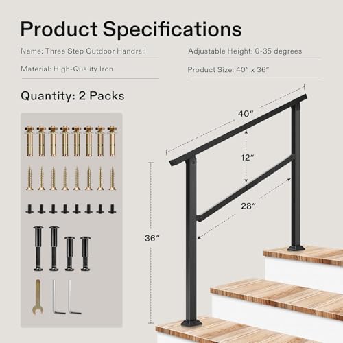 2-Pack 3-Step Stair Handrail 40"x36" Wrought Iron Porch Black