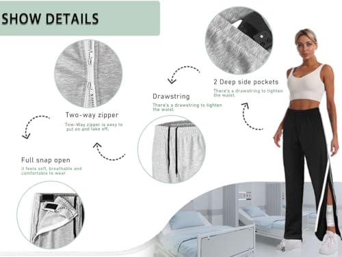 Unisex Tearaway Pants with 2 Side Zippers Snaps for Post Surgery Men Breakaway Pant Full Open Down Cotton Rip Off Sweatpants for Hip Replacement Light Grey XL