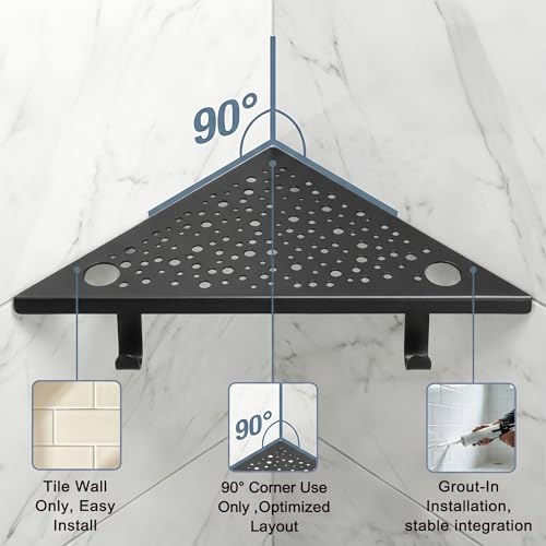 Matte Black Corner Shower Shelves with Hooks and Razor Holes (2 Count)