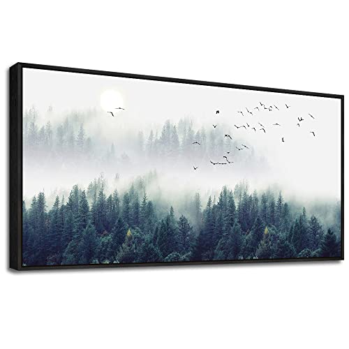 Framed Wall Decor Living Room Large Size Canvas Wall Art For Bedroom Foggy Forest Trees Landscape Painting Office Wall Decorations Boho Home Decor Canvas Pictures Artwork Black Wood Framed 30" X 60"