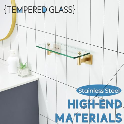 Wall Shelves Floating Shelf 12'' Gold Stainless Steel Bathroom Hardware Tempered Glass Hanging Rack Storage