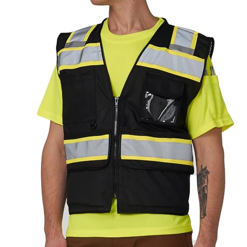 Black Safety Vest 9 Pockets Mesh Back Reflective strip ID Pocket
