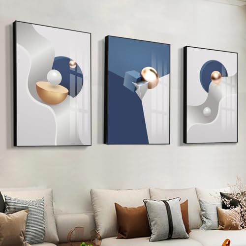 Large Frame Canvas Wall Art Glossy Blue Geometry Modern Living Room (3 Count)