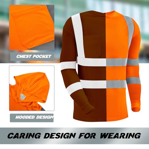 4 Pcs Reflective Safety T Shirt High Visibility Work Shirts with Hood Sun Protection Construction (4 Count)