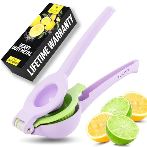 Metal 2-in-1 Lemon Squeezer - Sturdy Max Extraction Hand Juicer Lemon Squeezer Gets Every Last Drop - Easy to Clean Manual Citrus Juicer - Easy-Use Lemon Juicer Squeezer - Purple/Lime