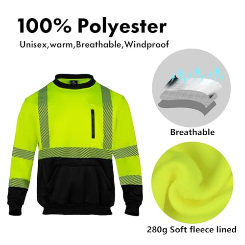 Hi Vis Safety Sweatshirts for Men Reflective ANSI Class 3 High Visibility Construction Work Crew Sweatshirt No Hood