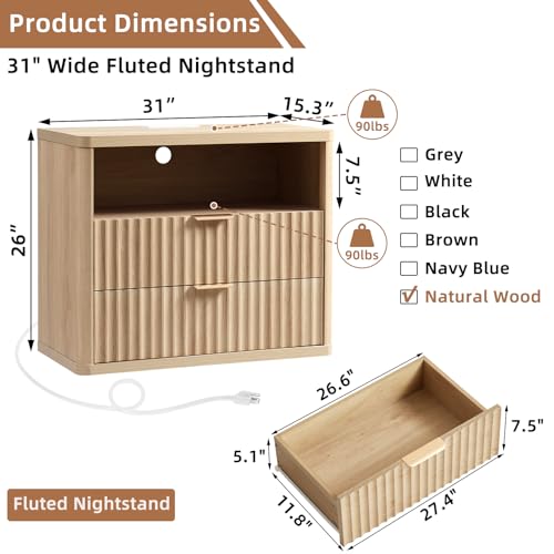 31" Wide Fluted Nightstand with Charging Station