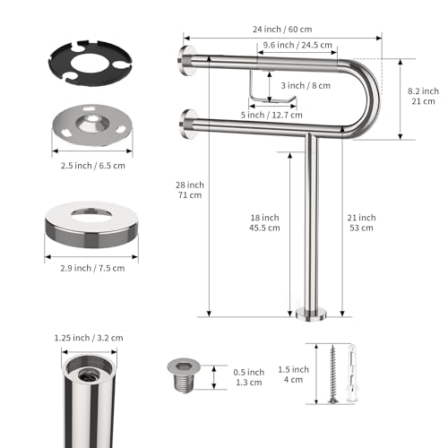 24x28 Inch Chrome Knurled Toilet Grab Bar with Toilet Paper Holder