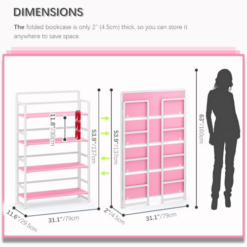 No Assembly Extra Wide 4 Tiers Folding Bookshelf Storage Shelves Vintage Bookcase Standing Racks Study Organizer Home Office