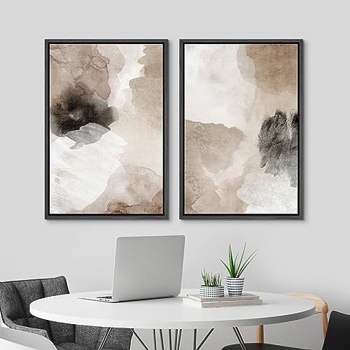 Framed Canvas Print Wall Art Watercolor Brown White Black Collage Abstract Shape Illustrations Modern Art Decorative Bohemian Colorful Chic for Living Room (2 Count)