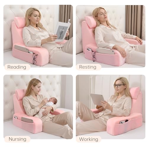 19" Reading Pillow for Bed with Firm Back Support & Big Pockets