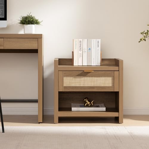 Rattan Night Stand Bedside Table with Large Drawer & Open Shelf