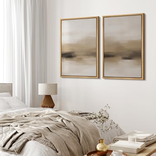 Framed Canvas Print Wall Art Abstract Neutral Beige Contemporary Minimalist Landscape Illustrations Modern Art Decorative Bohemian for Living Room
