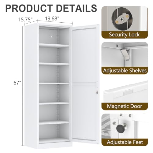67" White Lockable Metal Storage Cabinet