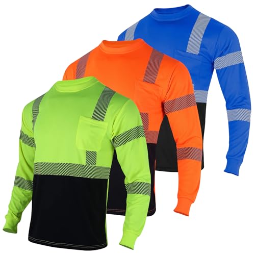 3pcs Safety T Shirts Reflective High Visibility Hi Vis Long Sleeve Construction Work Shirts for Men Class 3 (3 Count)