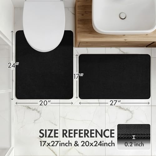 Set of 2 U Shaped Toilet Bathroom Rug and Mat Black 17"x27"+20"x24"
