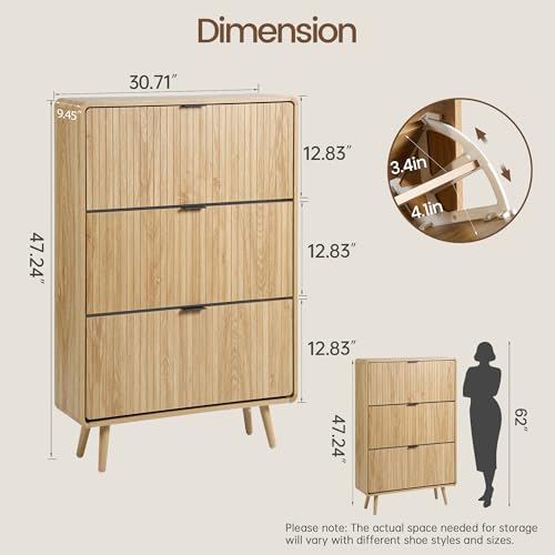 Fluted Shoe Storage Cabinet with 3 Flip Drawers