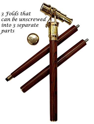 s Vintage Brass Handle Victorian Telescope Head Foldable Steampunk Accessories Wooden Walking Stick Cane for Men and Women