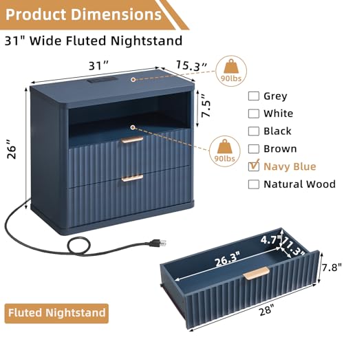 31" Wide Fluted Nightstand with Charging Station