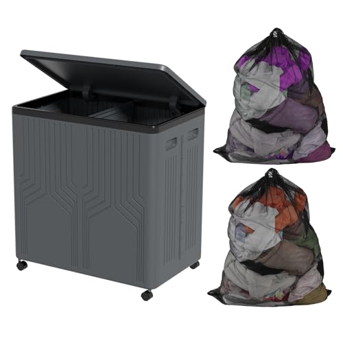 130 L Foldable Plastic Double Laundry Hamper with Wheels