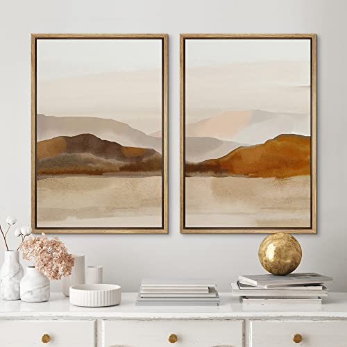Framed Canvas Print Wall Art Pastel Brown Mountain Range Ocean Lake Wilderness Nature Illustrations Modern Art Decorative Calm (2 Count)