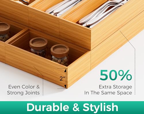 Bamboo Kitchen Drawer Organizer Boxes 12" x 3" Stackable Wooden Organizers (2 Count)
