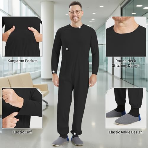 Anti Strip Clothing for Elderly Adaptive Jumpsuit with Easy Access Back Zipper Pajamas for Dementia Patients & Limited Mobility Black