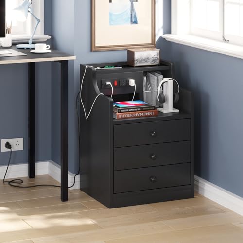 Black Nightstand with Charging Station & Drawers