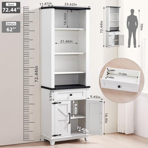 72in Tall Bookshelf 7 Tier Bookcase with Drawer and Barn Doors and Adjustable Shelves (4 Count)
