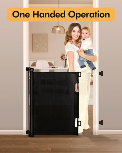 2 Pack) Retractable Baby Gate for Stairs & Doorways,55" Wide x 33.6" Tall Easy Installation Mesh Dog Gate for Indoor & Outdoor Use,Pet and Dog Safety Gate for Hallways(Black) (2 Count)