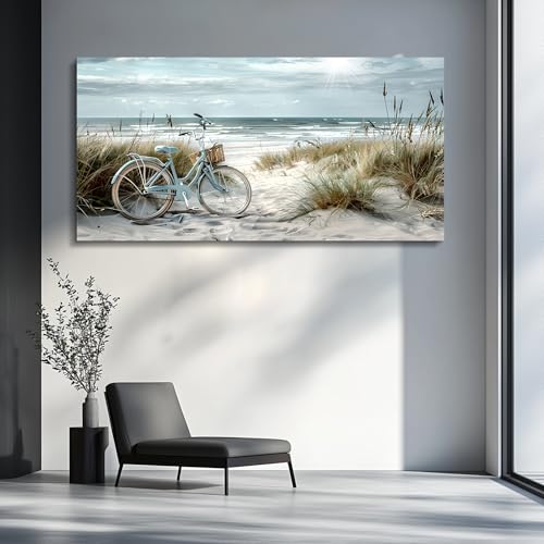 Wall Art For Living Room Canvas Decor For Bedroom Modern Office Decorations Blue Beach Bicycle Seascape Paintings Ocean Landscape Pictures Artwork Ready To Hang Home Decor