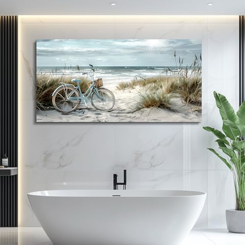 Wall Art For Living Room Canvas Decor For Bedroom Modern Office Decorations Blue Beach Bicycle Seascape Paintings Ocean Landscape Pictures Artwork Ready To Hang Home Decor