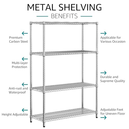 3400 LBS Garage Shelving Wide Storage Shelves 4 Tier Metal Shelves Heavy Duty Adjustable Utility Shelf Rack Chrome 17.7" D x 59.1" W x 70.4" H (4 Count)