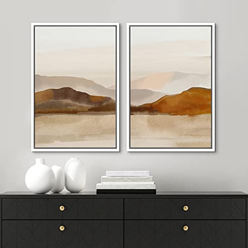 Framed Canvas Print Wall Art Pastel Brown Mountain Range Ocean Lake Wilderness Nature Illustrations Modern Art Decorative Calm (2 Count)
