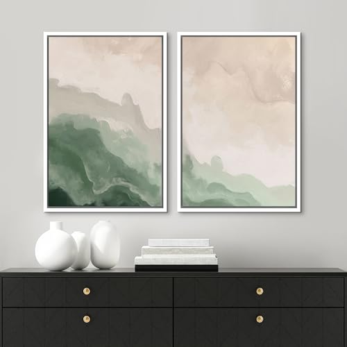 Framed Canvas Print Wall Art Soft Green and Beige Abstract Calming Watercolor Landscape Illustrations Modern Art Decorative Bohemian Chic for Living Room