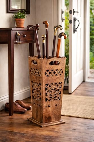 Antique Wooden Umbrella Stand & Walking Cane Holder for Home