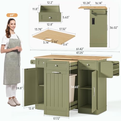 Kitchen Islands with Movable Wood Cutting Board & Trash Can