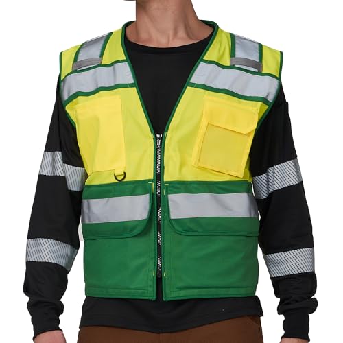 Yellow Green Reflective Vest 9 Pockets Mesh Back ID Pocket XL