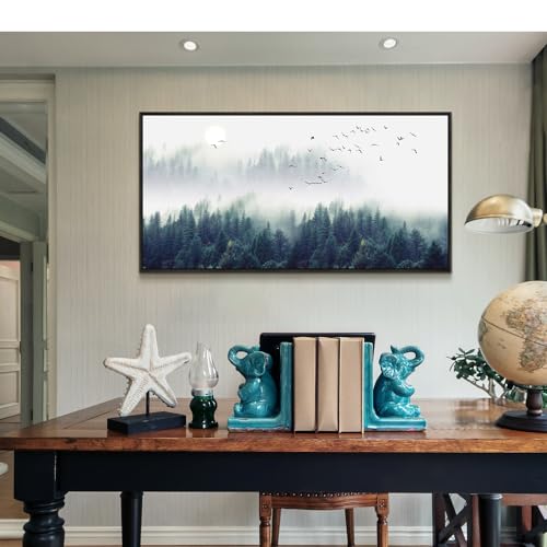 Framed Wall Decor Living Room Large Size Canvas Wall Art For Bedroom Foggy Forest Trees Landscape Painting Office Wall Decorations Boho Home Decor Canvas Pictures Artwork Black Wood Framed 30" X 60"