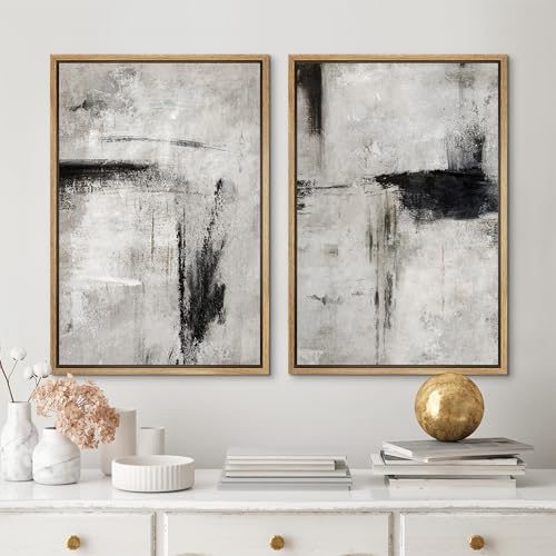 Framed Canvas Print Wall Art Grey Black Abstract Shape Illustrations Modern Art Decorative Bohemian Colorful Chic for Living Room (2 Count)