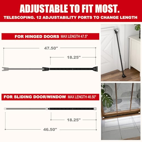 3-in-1 Door Security Bar, Security Door Stoppers & Door Barricade – Heavy Duty Adjustable Iron Security Lock Bar for Home Defense, Apartment & Travel Safety (1 Pack - Black)