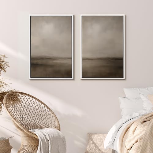 Framed Canvas Print Wall Art Abstract Brown and Taupe Modern Minimalist Misty Landscape Illustrations Modern Art Decorative Bohemian for Living Room