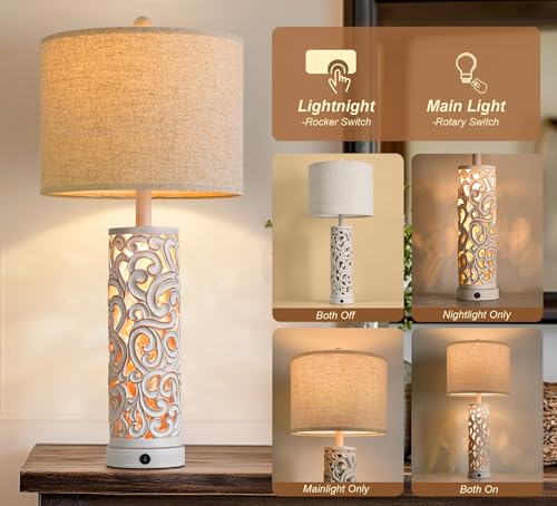 2-in-1 Light Table Lamp Set of 2 for Living Room, 28.5" Farmhouse Bedside Lamps with USB Charging Port, Main&Night Light & Dual Switches, Nightstand Lamp for Bedroom Home Office(Bulb Included)