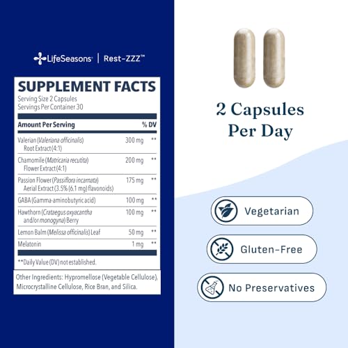 Rest-ZZZ - Natural Sleep Support Supplement - Fall Asleep & Stay Asleep - Calms Nervous System - Ease Muscle Tension & Restlessness - Low Dose Melatonin GABA & Chamomile - 60 Capsules (60 Count)