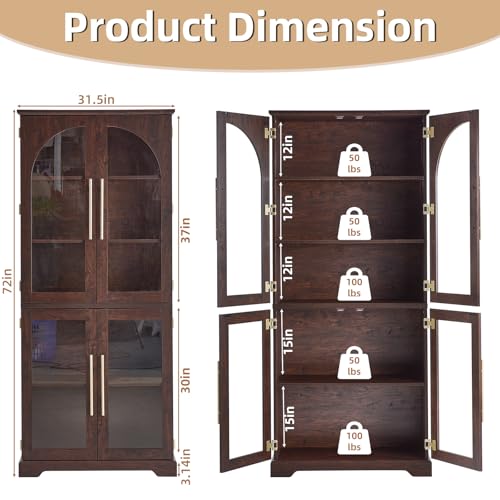 72" Tall Bookcase with 4 Curved Glass Doors