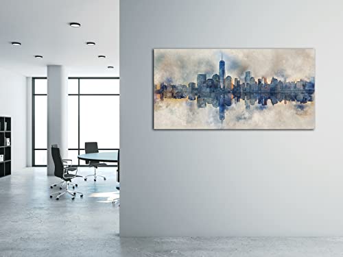 Extra Large New York Skyline Wall Art Abstract City Reflection Canvas Picture Print Modern Gray Canvas Artwork Decoration for Living Room Bedroom Office Home Wall Decor Framed Ready to Hang 29" x 58"