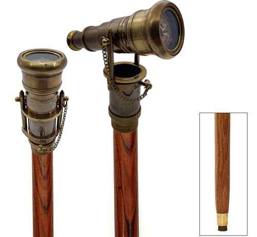 s Brass Walking Stick with Vintage Handle Victorian Telescope with Compass Head Foldable Steampunk Accessories Wooden Cane for Men and Women