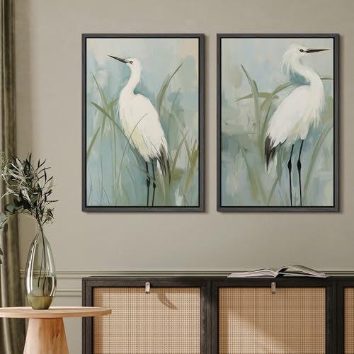 Framed Canvas Print Wall Art White Heron Pair in Marsh Coastal Illustrations Modern Art Decorative Bohemian Colorful for Living Room (2 Count)